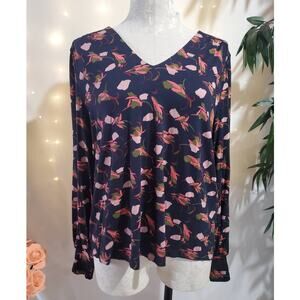 LK Bennett London TJ Carie Floral Blouse Womens Size MP Long Sleeve Top Blue